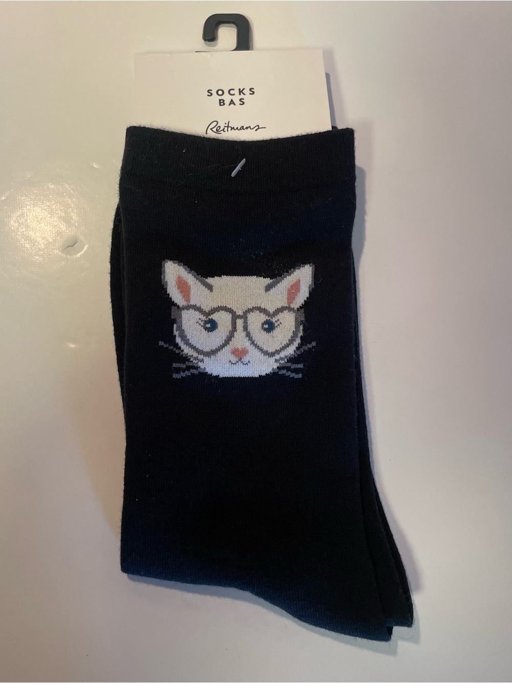 Reitmans Black Crew Socks with Cream Cat Face and Glasses